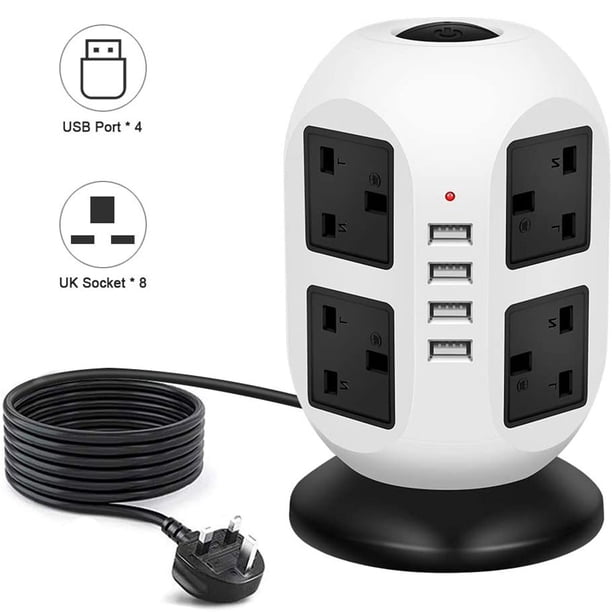 Regleta de enchufes con 4 puertos USB, 8 tomas de corriente, estación de carga, cable de extensión resistente de 5 m/16,4 pies, 2500 W, 10 A, 250 V, concentrador de carga, toma de corriente