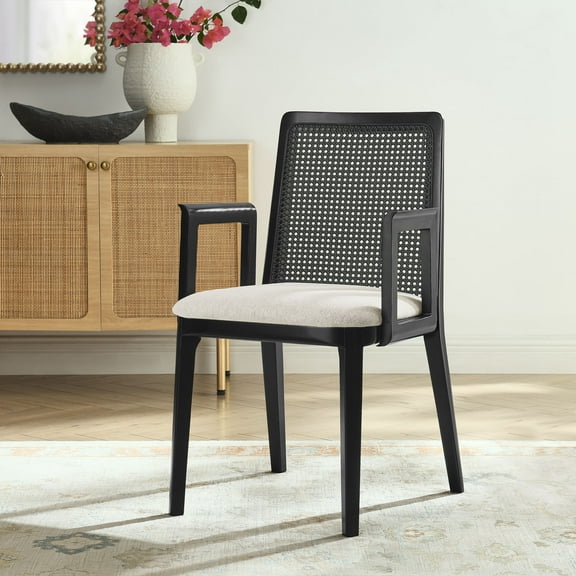 Modway Monarch Wood and Rattan Dining Armchair in Black Black Heathered Weave Ivory