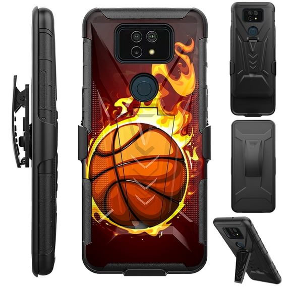 Compatible with Cricket Ovation 2 | AT&T Maestro Max Hybrid Luxguard Holster Phone Case Cover (Flaming Basketball Fire)