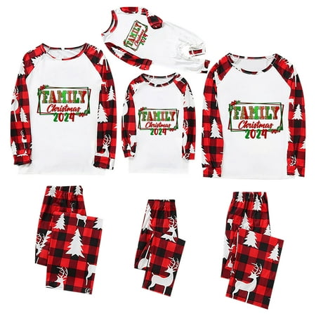 

Pxxlle Matching Family Christmas Pajamas 2024 Red Plaid Pants with Xmas Tshirts Loose Fit Adult and Kids Holiday Loungewear Merry Christmas Outfits for Kids