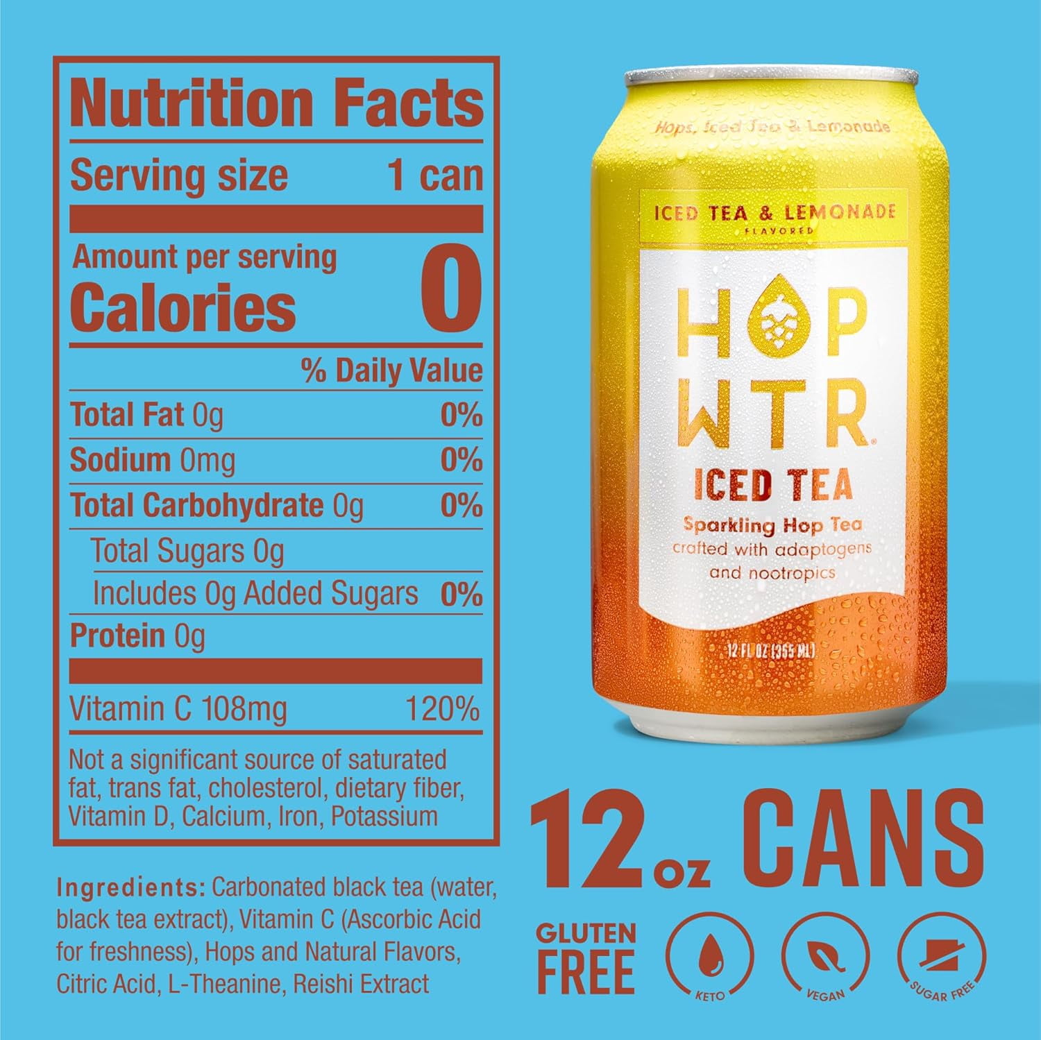 HopWtr - Non-Alcoholic Sparkling Hop Iced Tea & Lemonade, 6-Pack, 12oz Cans