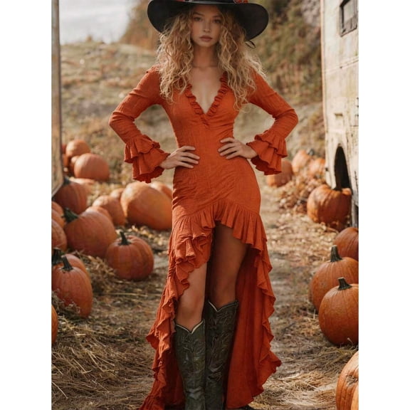 Orange Deep V-Neck Ruffle Hem Asymmetrical Long Sleeve Maxi Dress
