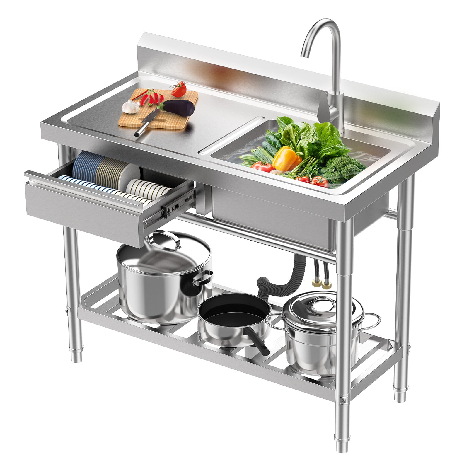 Wliqien 39-Inch Stainless Steel Sink with Drawer, Bottom Shelf, Free Standing Utility Sink with Cold Hot Water Faucet Hose, Single Bowl Sink for Indoor, Outdoor, Kitchen, Laundry Room