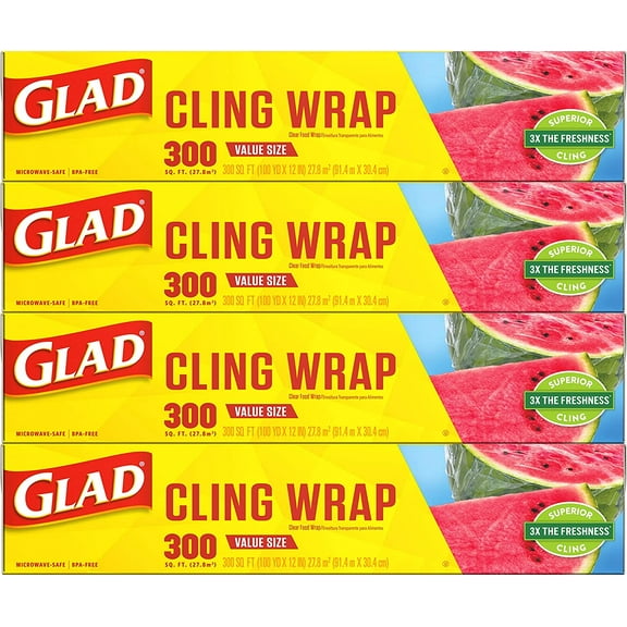 Glad® ClingWrap Plastic Food Wrap - 300 Square Foot Roll - 4 Pack (Package May Vary)