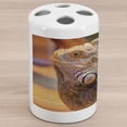 thumbnail image 1 of Iguana Ceramic Toothbrush Holder, South America Caribbean Indigenous Arboreal Animal with Blurred Background, Decorative Versatile Countertop for Bathroom, 4.5" X 2.7", Pale Orange and Grey, 1 of 4
