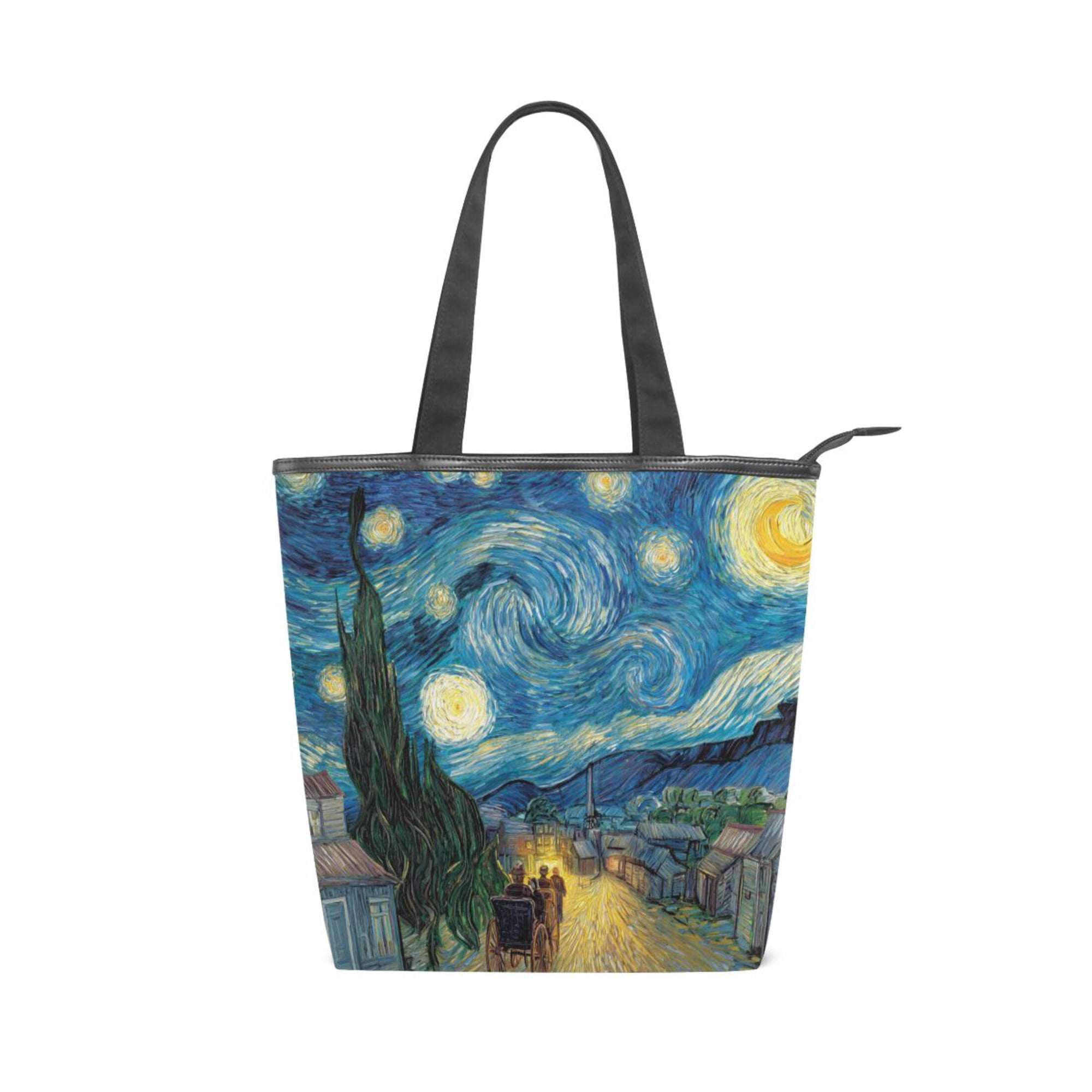 Large Capacity Canvas Tote Bag with Zipper Durable Canvas & Leather Shoulder Handbag All-over Print Tote for Work Commuter Shopping Travel Starry Night Carriage