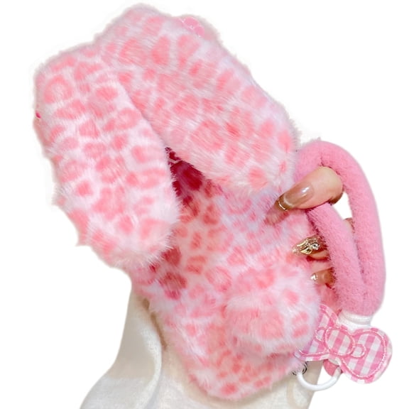 for iPhone 17 Furry Plush Phone Case Handmade Leopard Print Camouflage Soft Rabbit Ears with Bow Fluffy Bracelet for Women, Cute Raised Camera Bump Protection Frame