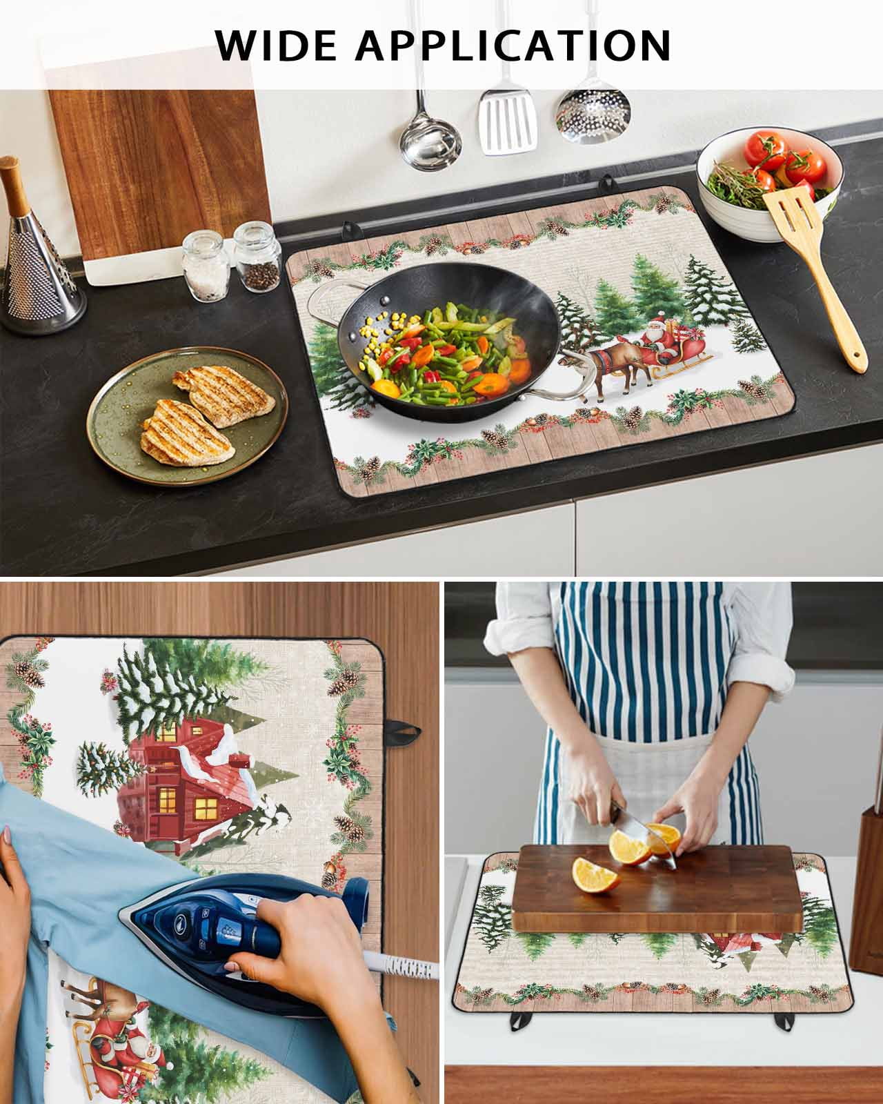 Large Induction Cooktop Protector Mat Christmas Stove Top Covers for Electric Stove, Santa Claus Xmas Tree Pine Cones Reindeer Brown Wood Decorative Stove Burner Cover Mats, Glass Top Stove Cover