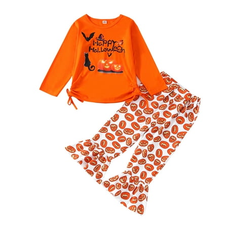 

ZHUASHUM Kids Girls Long Sleeve Cartoon T Shirt Tops Pumpkin Prints Flare Pants Toddler Outfits