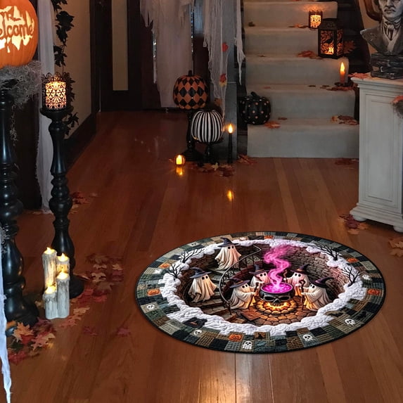 Cififendec Halloween 3D Illusion Round Rug, 15.7", Non-Slip Spooky Pumpkin Ghost Floor Mat for Entryway Living Room Indoor Party Festival Decor