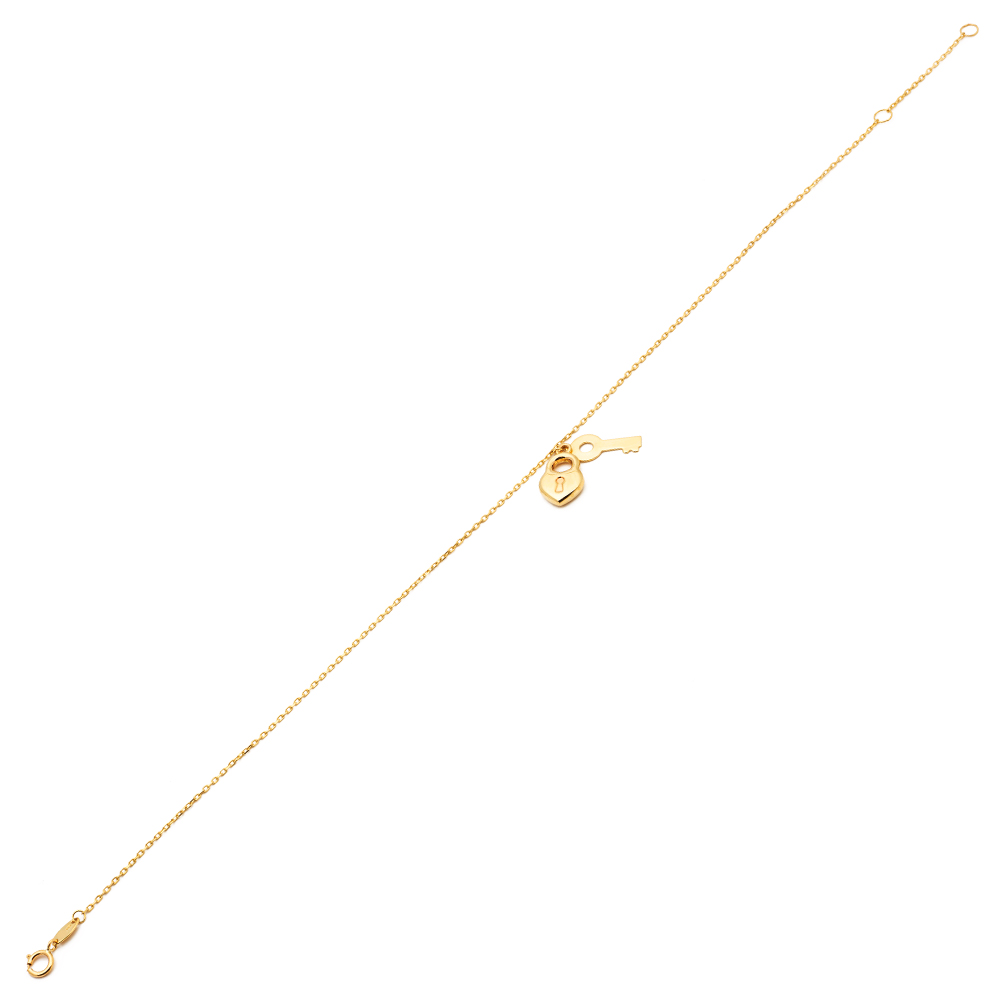 LOVEBLING 10K Yellow Gold .50mm Diamond Cut Rolo Chain with a Lock and Key pendants Anklet Adjustable 9" to 10" (#10)