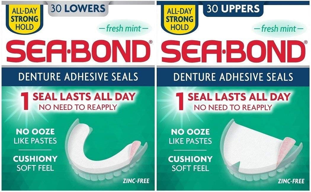 SeaBond Denture Adhesive Seals Bundle, Fresh Mint, 30 Uppers and 30 Lowers