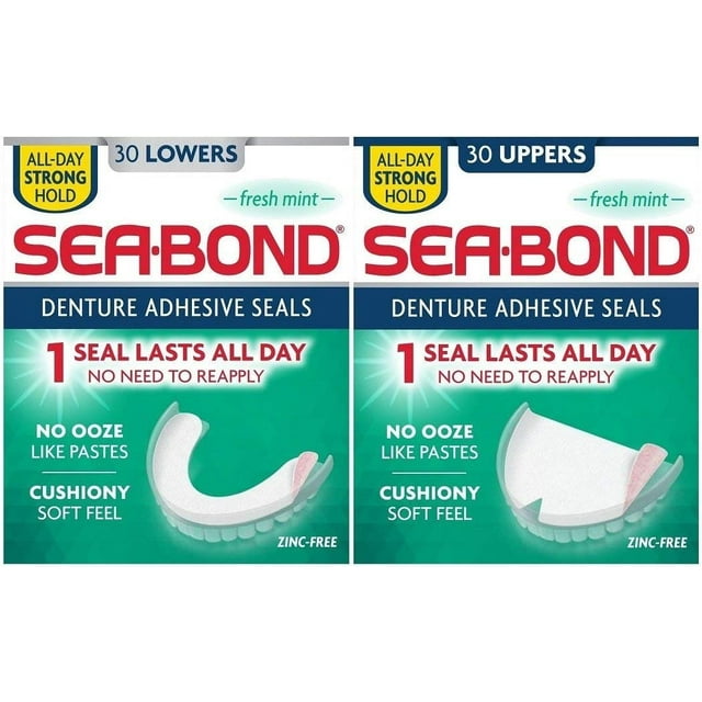 SeaBond Denture Adhesive Seals Bundle, Fresh Mint, 30 Uppers and 30