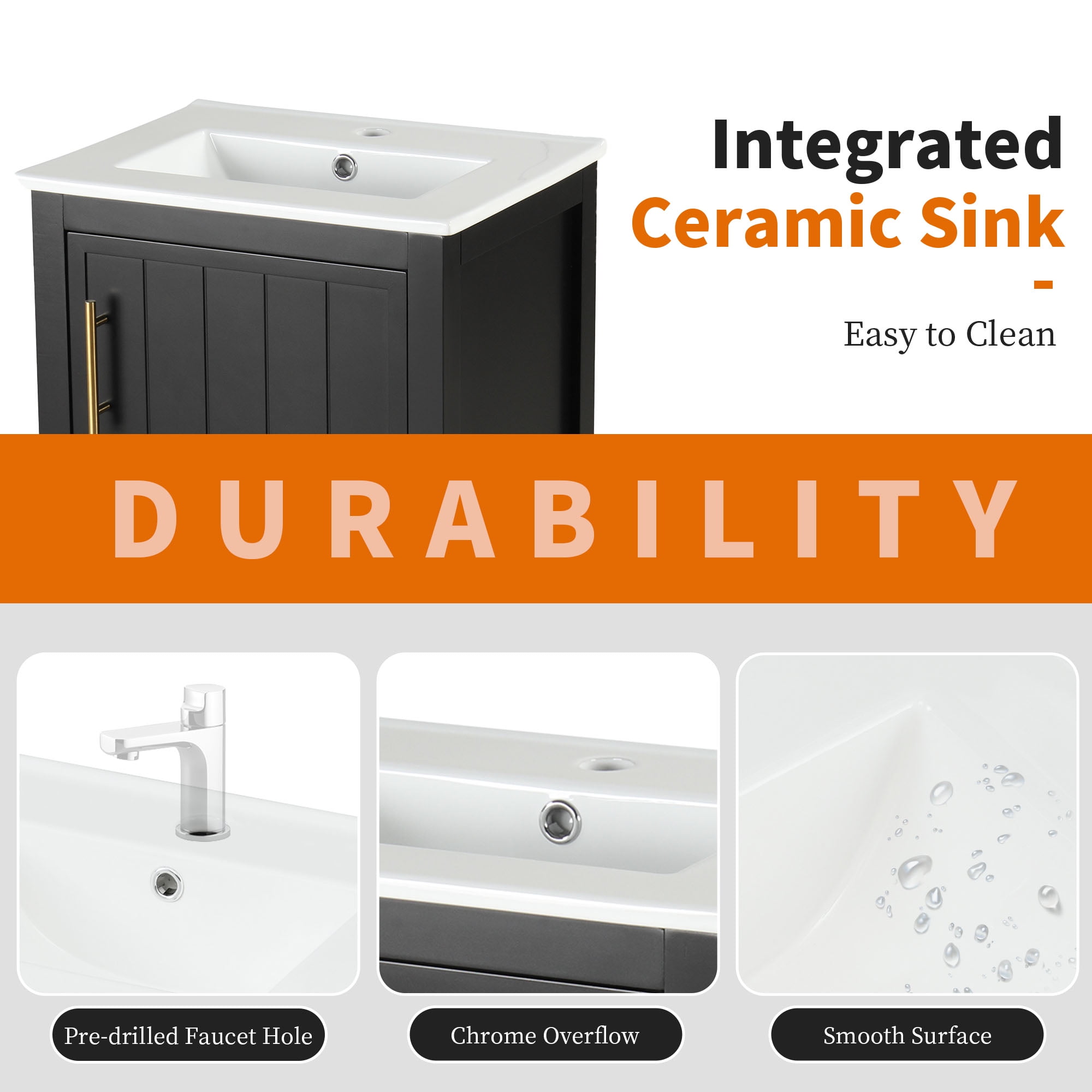 Euroco 20" Bathroom Vanity with Sink, Bathroom Cabinet with Soft Closing Door, Storage Rack and Open Shelf, Black