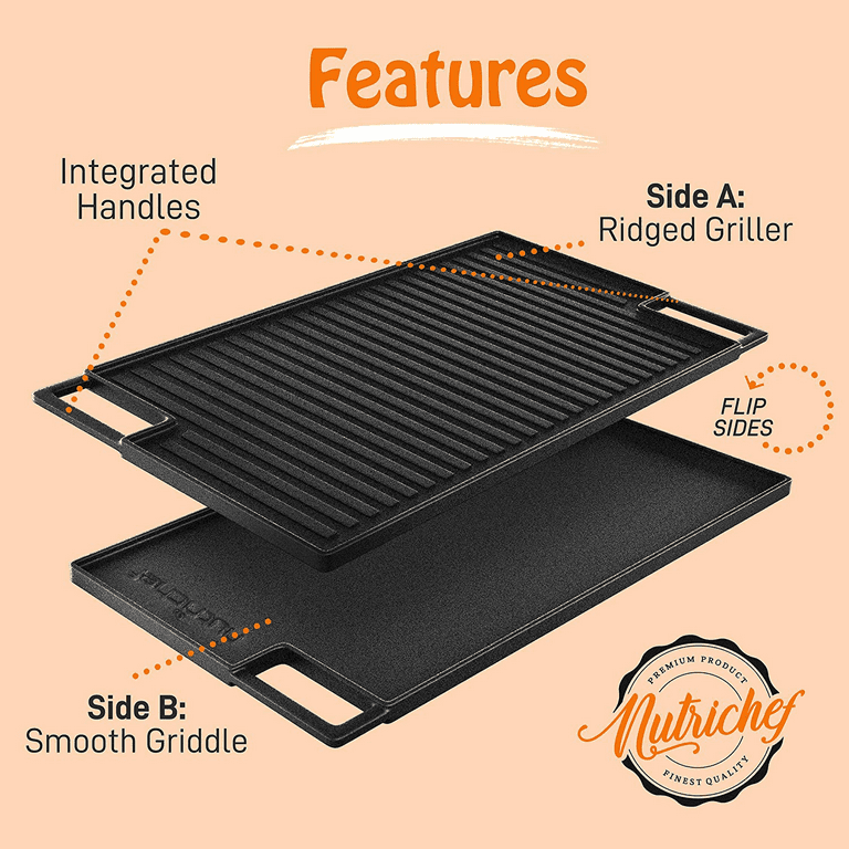 NutriChef 18 Cast Iron Skillet Reversible Grill Plate Stove Top