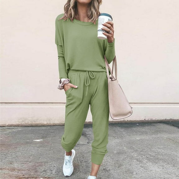 BLTIBY 2025 Women 2 Piece Outfits Sweatsuit Round Neck Sweatshirt SweatPants Lounge Matching Set Winter Trendy Clothes with Pocket Army Green M