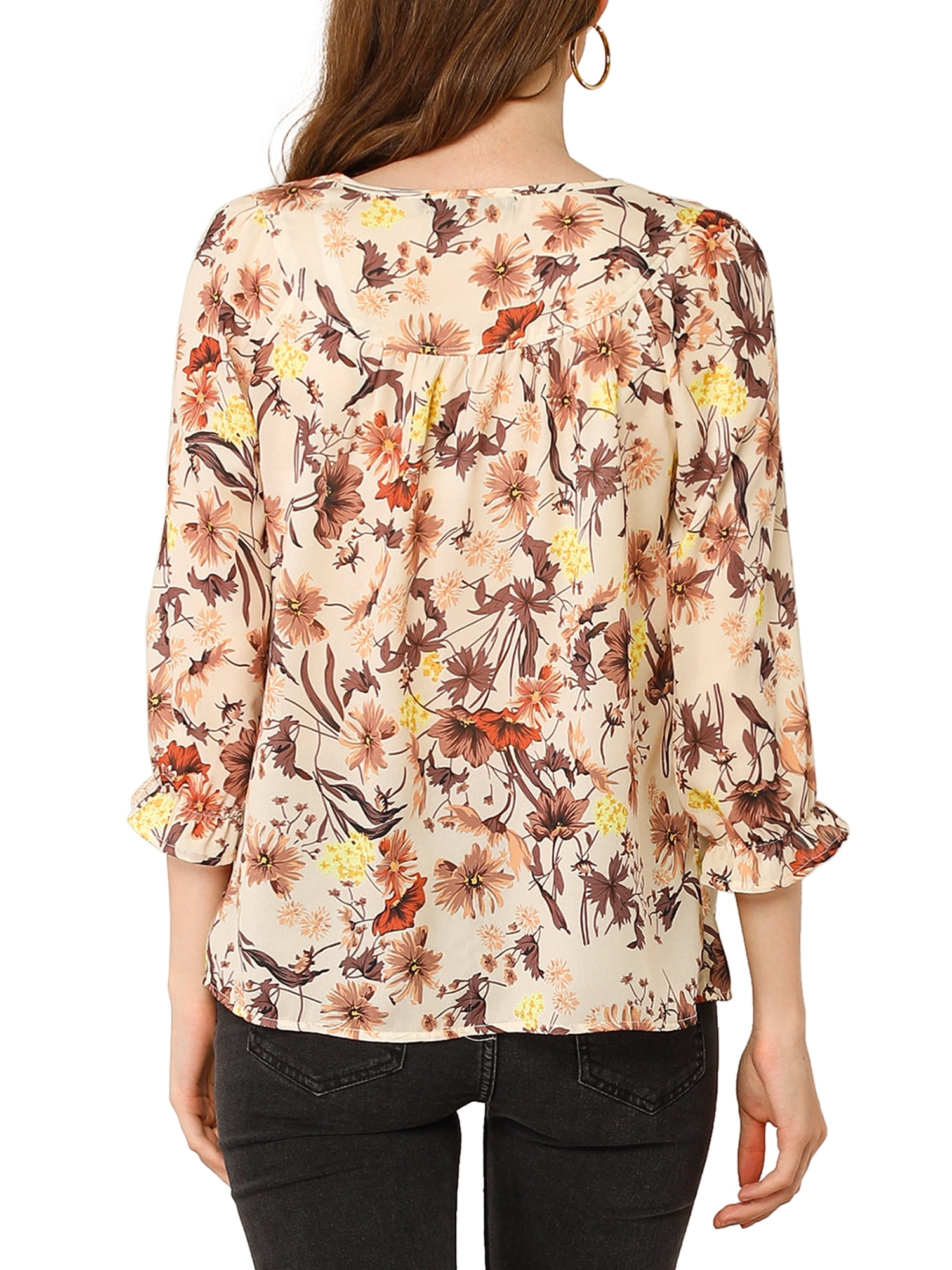 DARING DIVA Tie V Neck Boho Ruffled 3/4 Sleeve Blouse L Beige