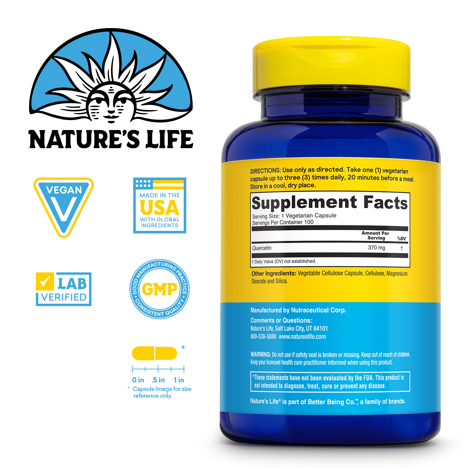 Nature's Life Quercetin 400mg | May Support Healthy Cells, Immune & Cardiovascular Functions & Healthy Sinuses | 100 Vegetarian Capsules