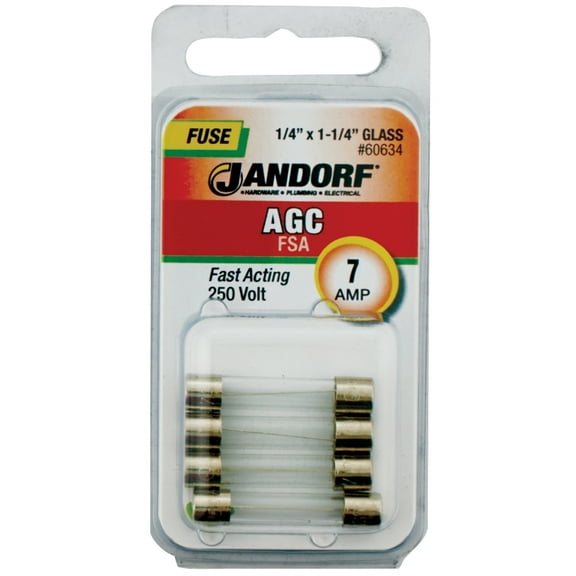 Jandorf 60634 Cartridge Fast-Acting Fuse, 7 A, 250 V, 10 kA at 125 VAC, 200 A at 250 VAC IR
