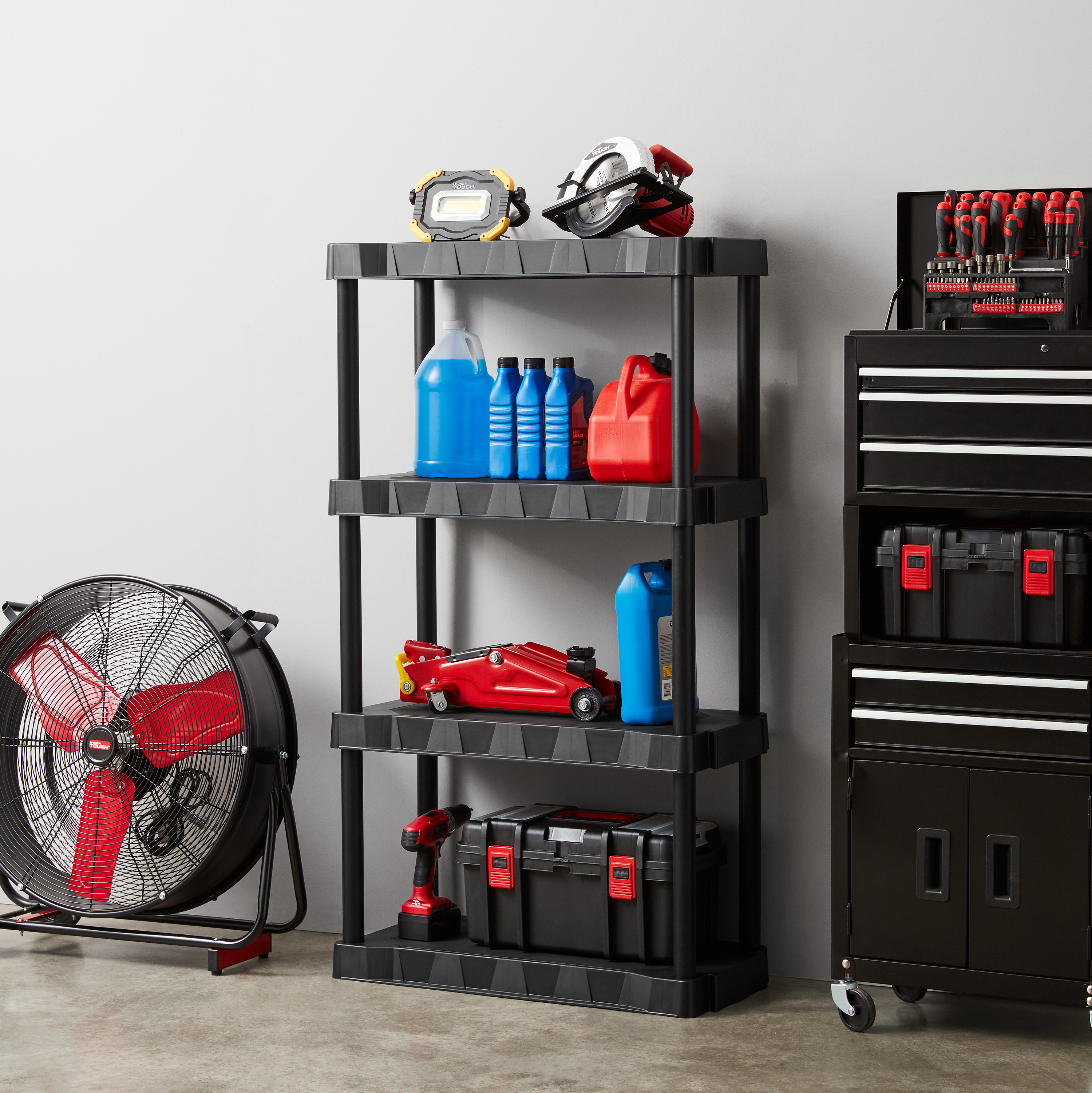 HYPER TOUGH BLACK PLASTIC 4-TIER SHELVING UNIT, 280 LB CAPACITY, 56.2X30X13.8 INCHES