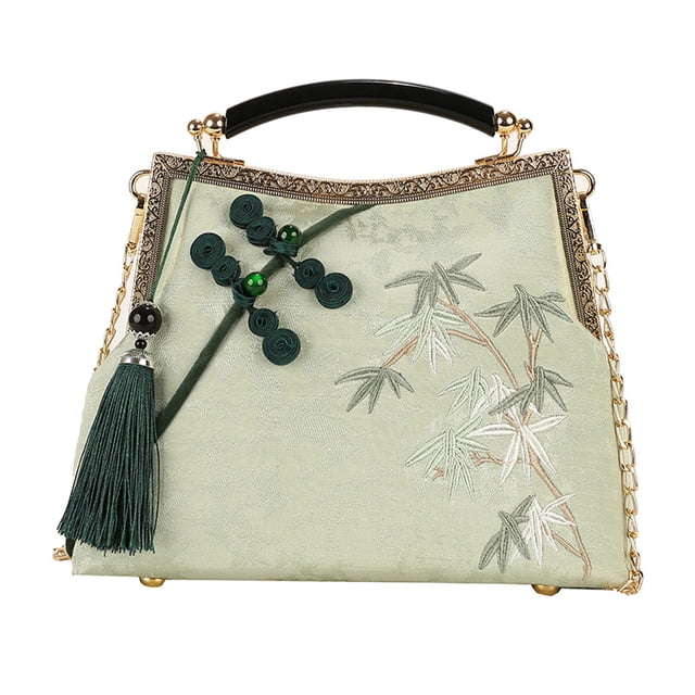 Guardurnaity Bolso de borlas con correa retro, 23,5 x 10 x 18 cm, bordado chino Hanfu, decoración de cadena (verde) Bolsas de mensajero y de hombro verde claro