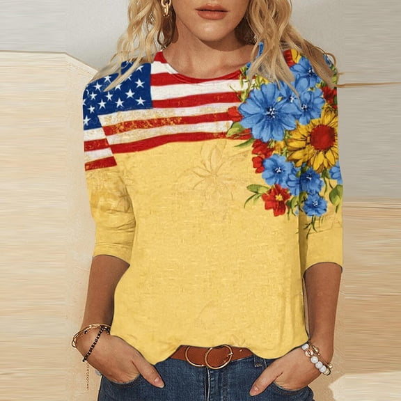 lcziwo Plus Size 3/4 Sleeve Tops for Women Cotton Stars Stripes Lightweight Tshirt Plus Size Independence Day Patriotic Holiday Family Shirts Multicolor M