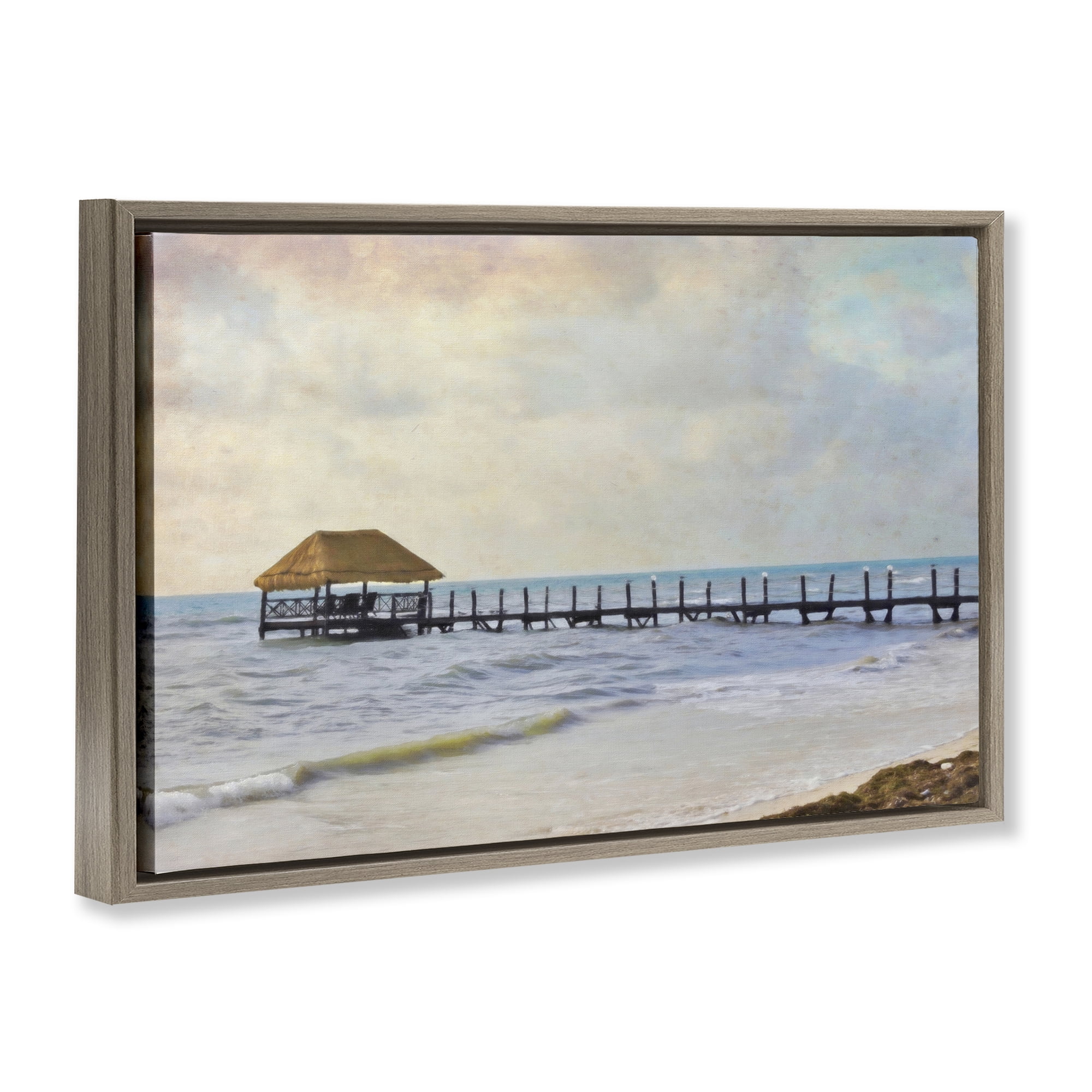 Stupell Industries Paradise Pier Shoreline Nautical & Beach Painting Brown Floater Framed Canvas Art Print Wall Art, 25 x 17