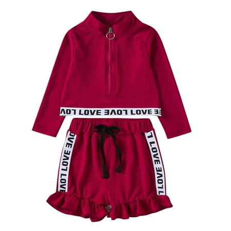 

ZHUASHUM Children Kids Toddler Baby Girls Patchwork Letter Long Sleeve Tops Blouse T Shirt Ruffled Shorts Pants Outfits Set 2PCS Clothes Joggers