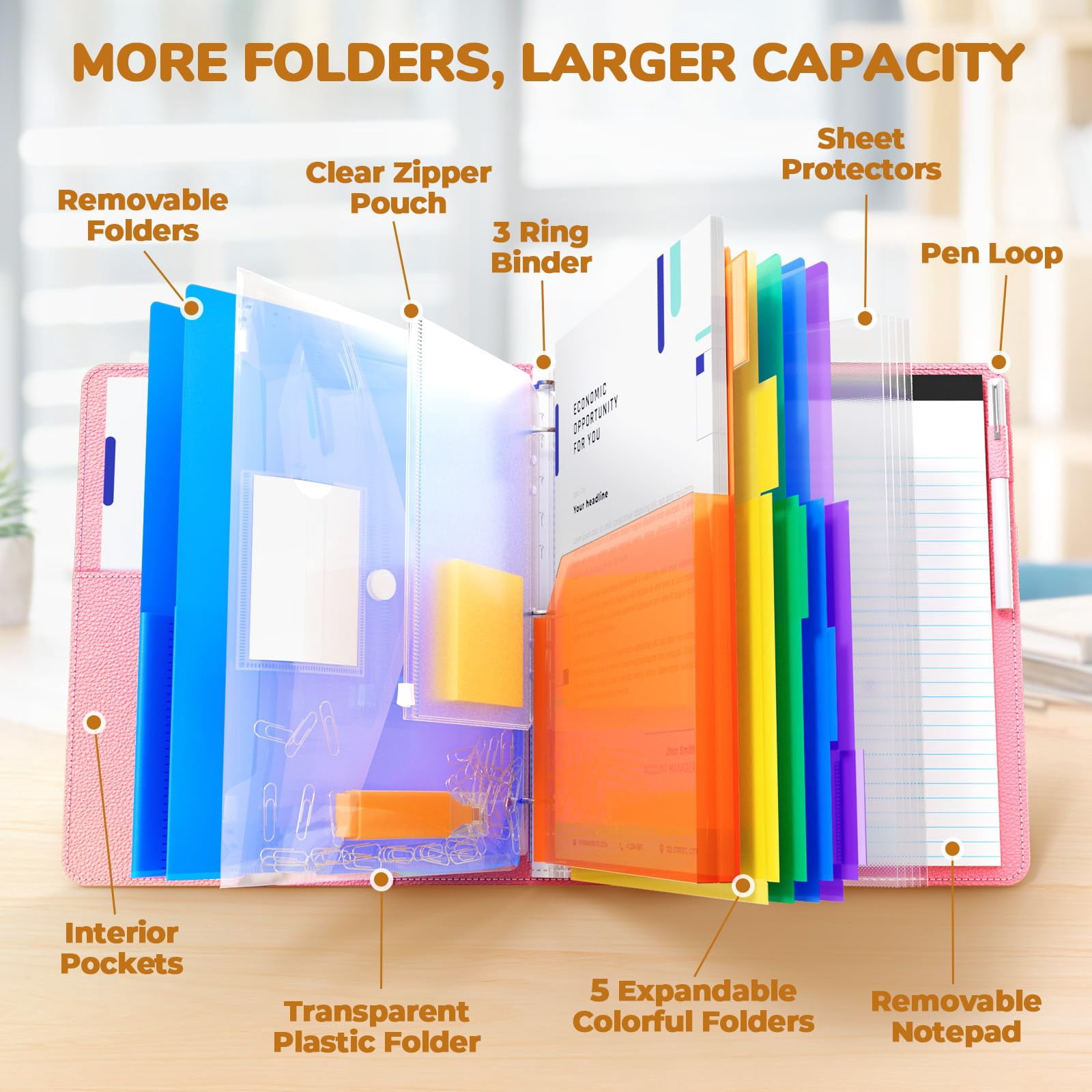 3 Ring Binder Clipboard With Storage 12.4"x10.2"magnetic Folder 5 Expandable Folders Refillable Lined Notepad (11" X 8.5") Ideal For School Office Nursing(pink)