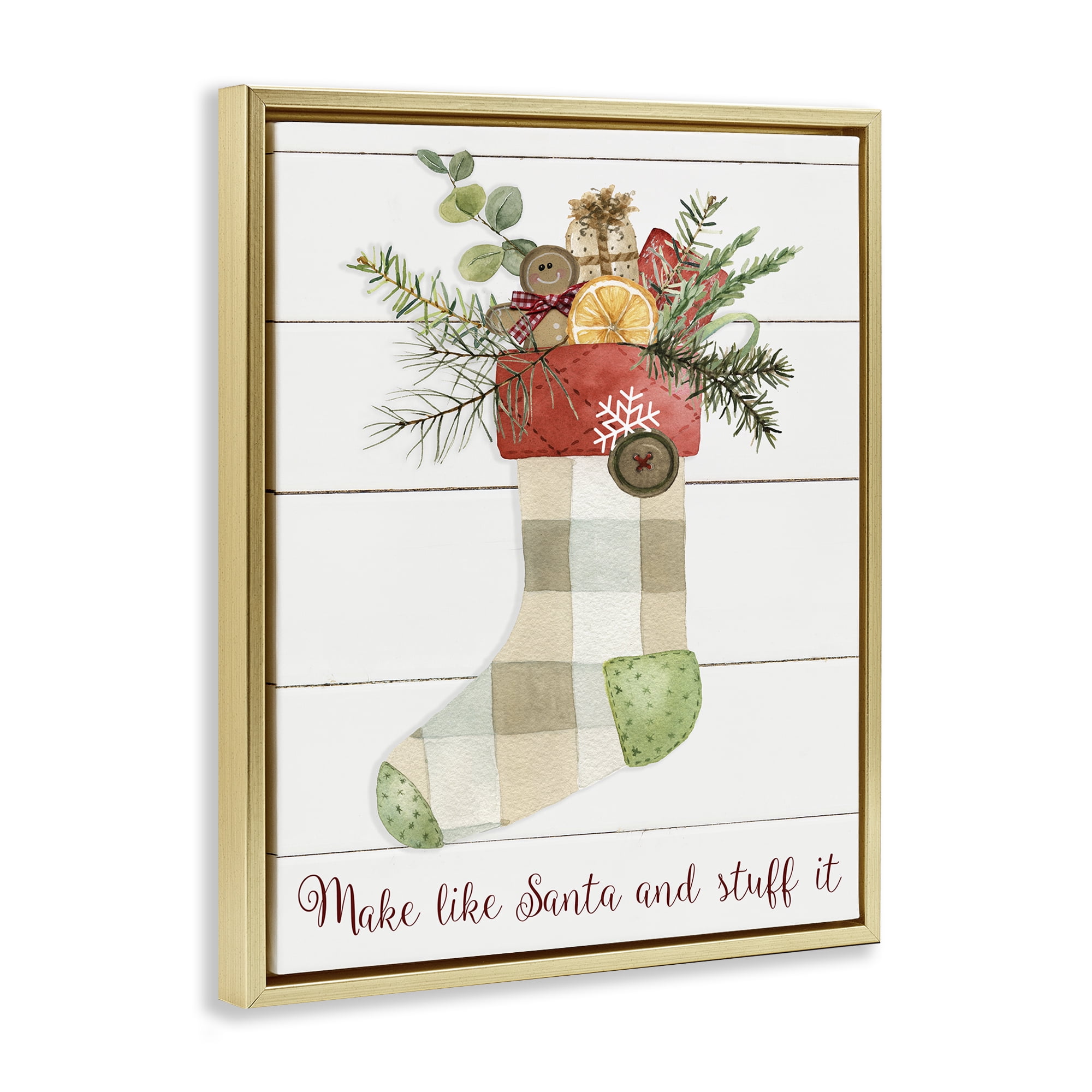 Stupell Industries Plaid Christmas Stocking Holiday Painting Gold Floater Framed Canvas Art Prints Wall Art, 17 x 21