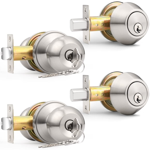 Probrico 2 Sets Front Exterior Door Knob Set with Single Cylinder Deadbolts Satin Nickel,Round Entry Door Knobs with Dead Bolts Combo Pack,