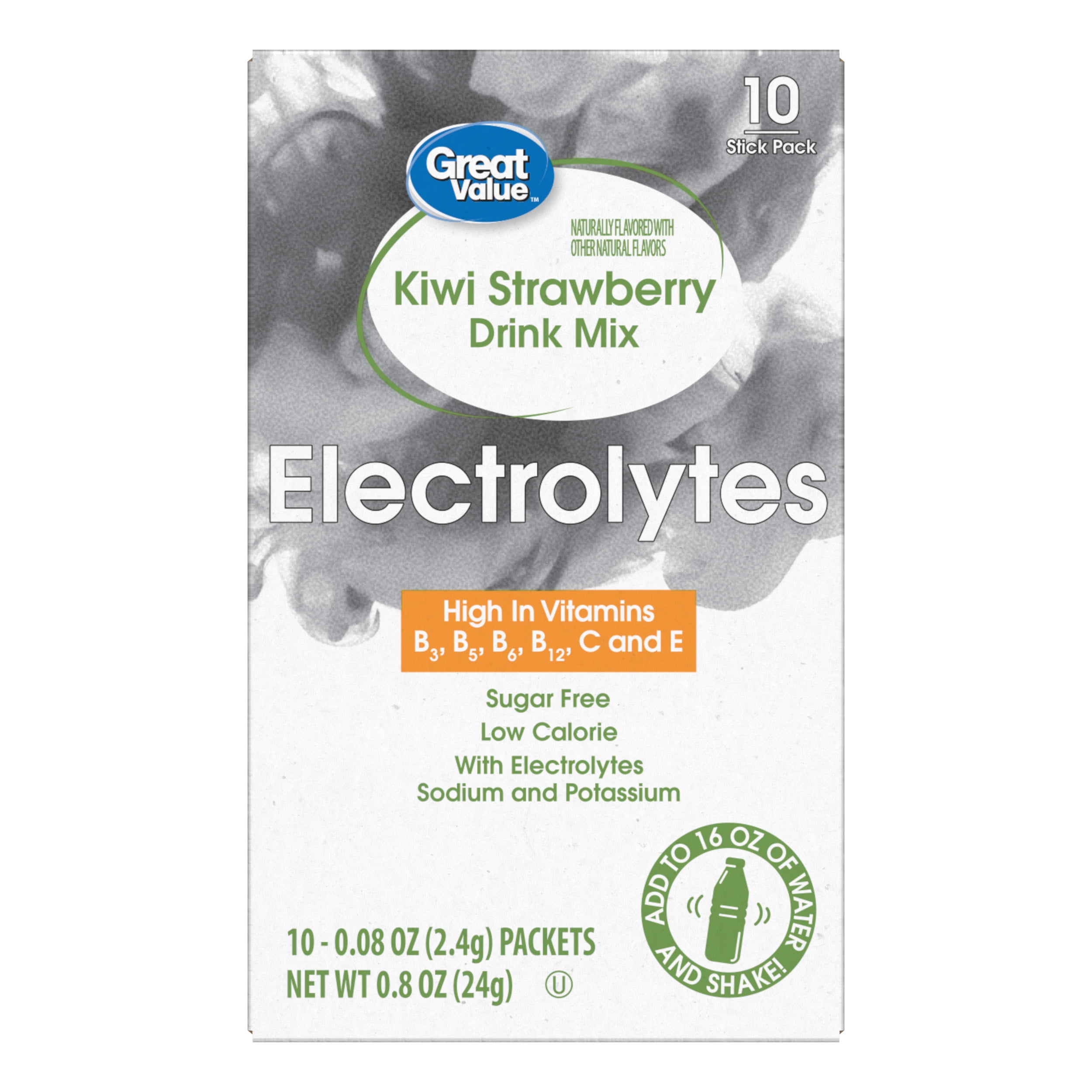 (12 pack) Great Value Electrolyte Vitamin Enhanced Strawberry Kiwi Drink Mix, 0.08 oz, 10 Count