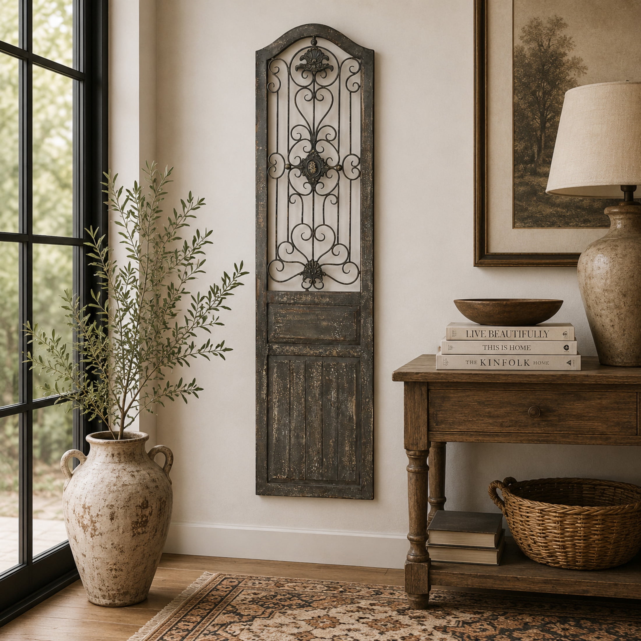 DecMode Brown Wood Distressed Door Panel Scroll Wall Decor with Metal Wire Details