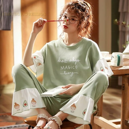

QWZNDZGR Spring Autumn Knitted Cartoon Cotton Lady Women Pajama Sets Animal Print Sleep Lounge Casual Style Pajamas Women s Fashion Set