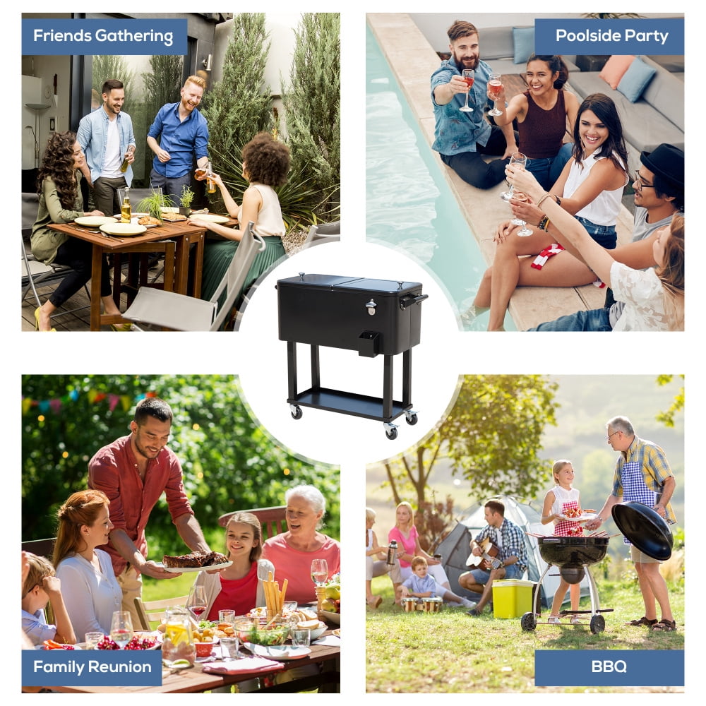 ZHICHUN 80 QT Rolling Cooling Bin Ice Chest Cart Black Outdoor Stand-Up Drink Cooler with Lockable Wheels Built-in Bottle Opener & Drain Plug for Party Backyard Poolside