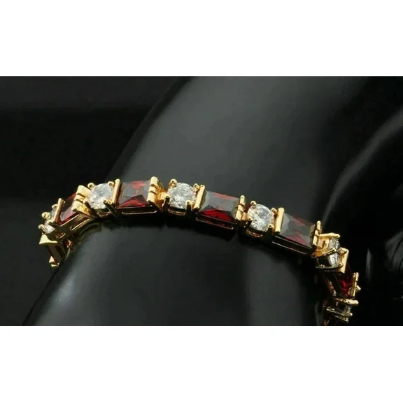 Aishvi Jewels 8CT Baguette Cut Lab-Created Garnet Men's Tennis Bracelet 14K Yellow Gold Plated 7.5" 925 Silver
