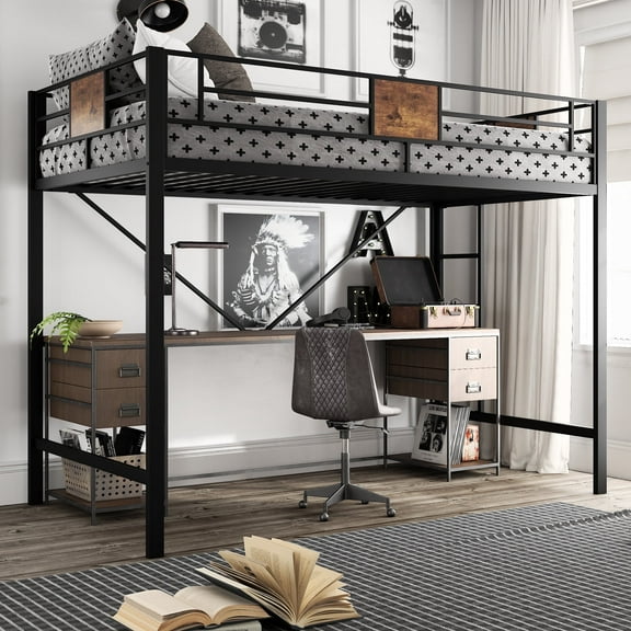 Amolife Twin Size Metal Loft Bed with Removable Ladder & Full-Length Guardrail, Black