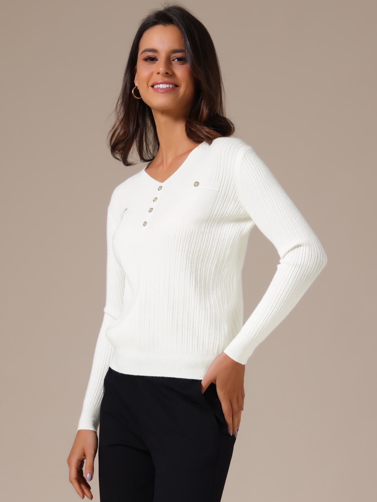 DARING DIVA Women's Long Sleeve Button Decor V Neck Ribbed Knit Sweater XL White