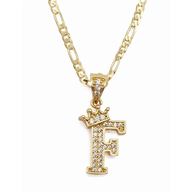 Cadena y dije de brillos con corona de oro laminado letra F