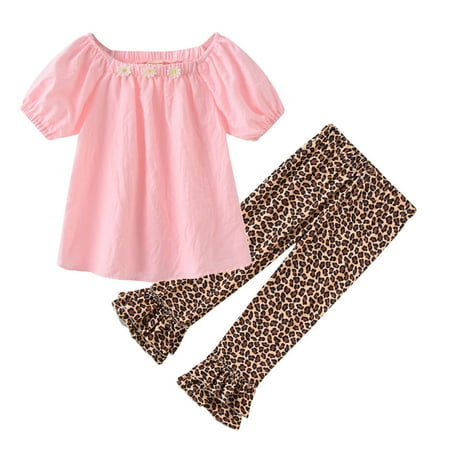 

Fesfesfes Toddler Baby Girls Cute Fruit Flower Leopard Print Short Sleeve Trousers Hat Three-piece Suit