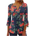 thumbnail image 1 of Pompotops Tunique Décontractée à Manches 3/4 Imprimée Florale Col en V pour Femmes Chemises Basiques d'Été Blouse Plissée Liquidation, 1 of 5