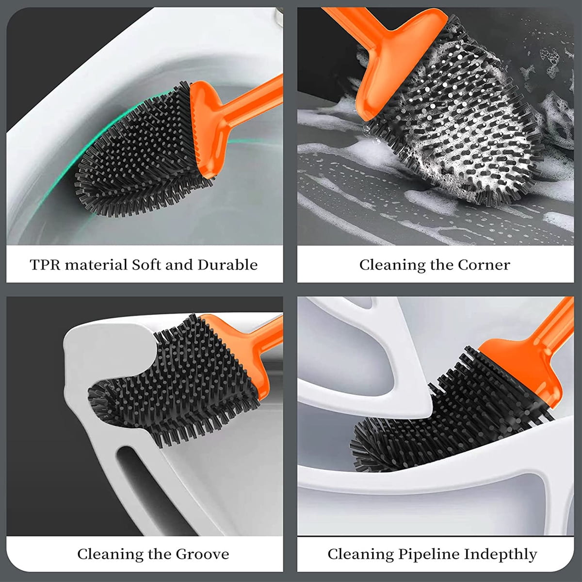 Bathroom Toilet Brush and Holder Set, Toilet Bowl Cleaner Bendable Tongue-shaped Silicone Brush Head Anti Splash Bristles, Self Closing Quick Drying Holder in Orange