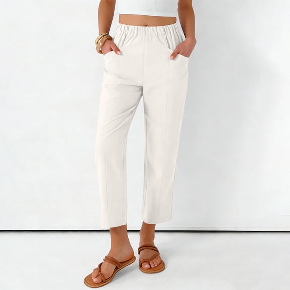 Ynynloco Women High Waisted Relaxed Fit Elastic Knit Waist Casual Capris Trousers Cropped Pants Summer Harem Lounge with Pockets
