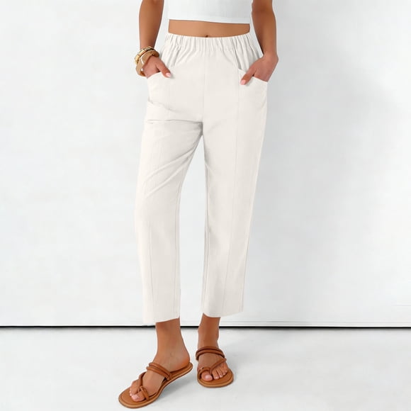Nfurl Cropped Pants for Women Elastic Waist Straight Leg Cotton Linen Trouser Pants Dressy Casual Solid Color Summer Ladies Pant White XL
