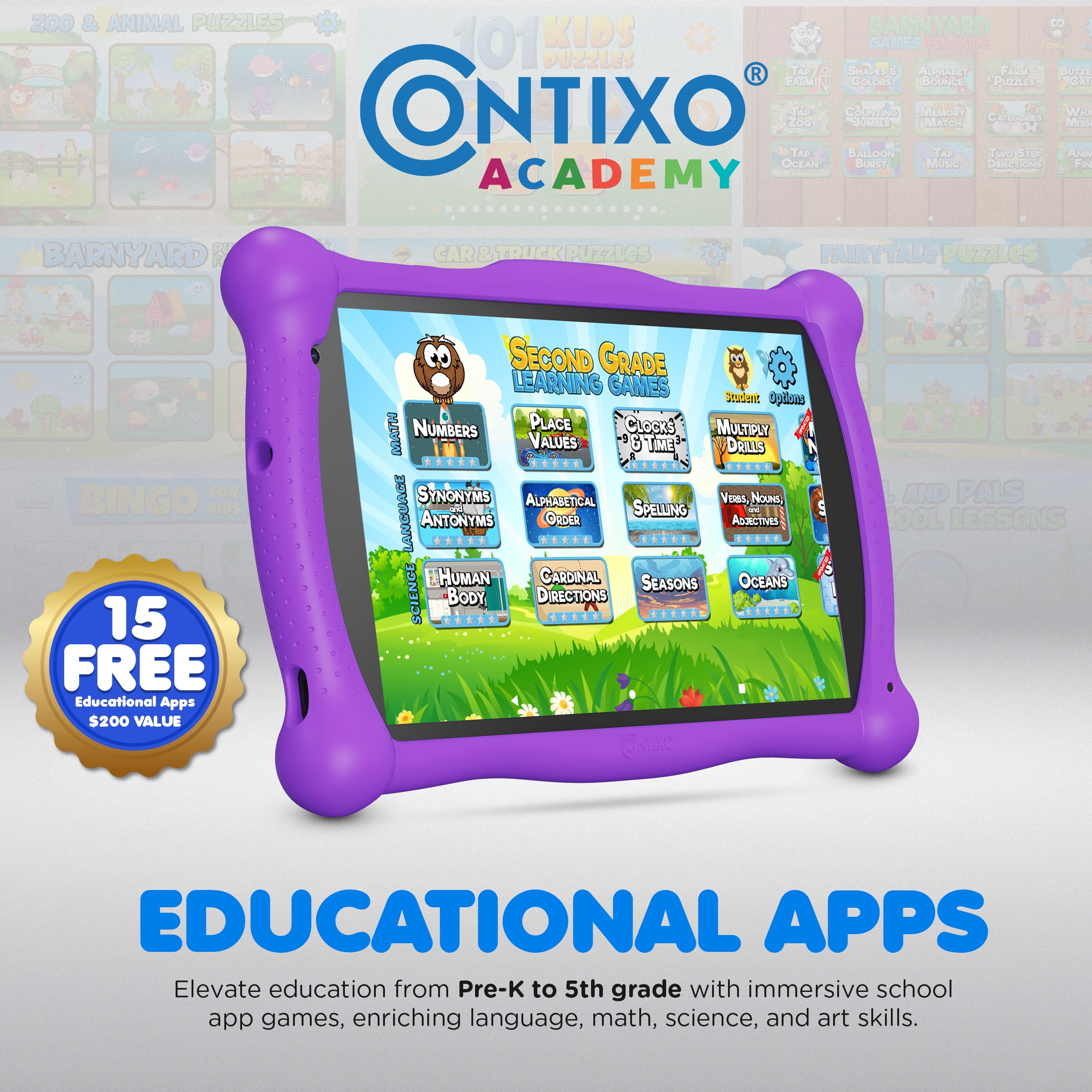 Contixo 7-Inch Kids Tablets, Educational Android Tablet with Stylus and Kickstand Case, 32GB, Ages 3-12, Purple