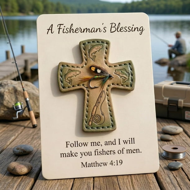 Pin de solapa de cuero con versículo bíblico sobre pesca con mosca Mateo 4:19 | Broche religioso de bendición para pescadores | Pin de trucha repujado hecho a mano para chaqueta, sombrero o chaleco