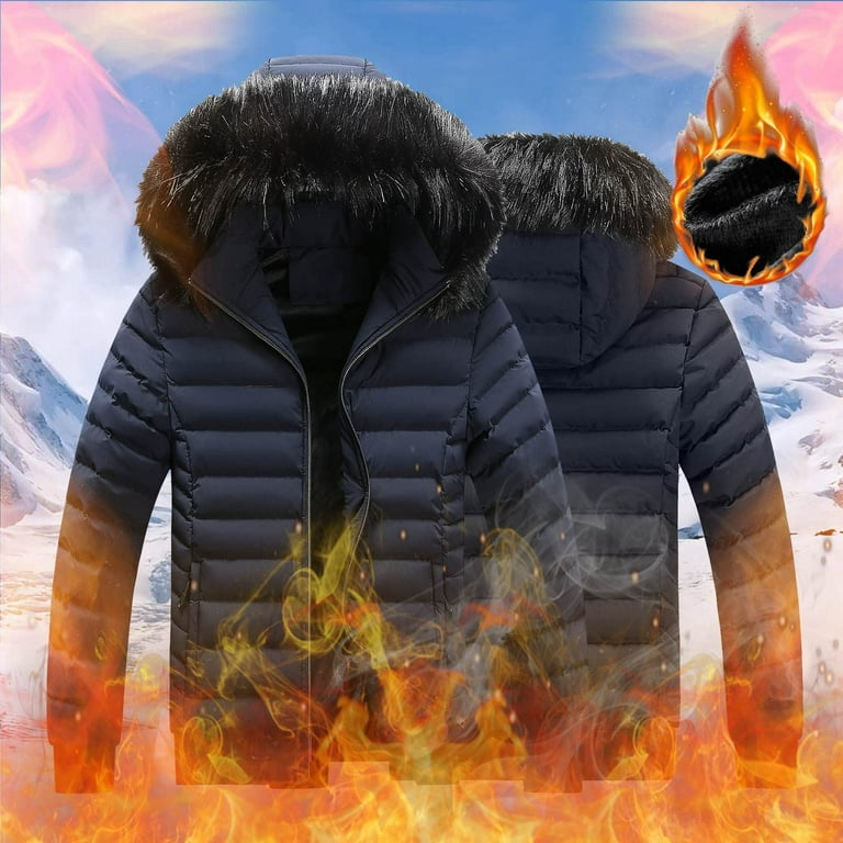 Mens Puffer Jacket with Faux Fur Hood Full Zip Up Hooded Winbreaker  Windproof Cotton Down Coats with Sherpa Lined 