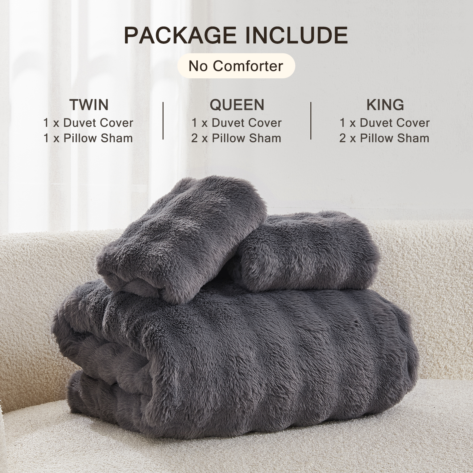 EMME Faux Fur Duvet Cover Twin-XL Size, 2 Pieces Ultra Soft Fluffy Comforter Cover, Cozy Warm for Winter, Luxury Shaggy Bubble Bedding Sets , 1 Duvet Cover & 1 Pillow Shams (Twin-XL,Dark Gray)