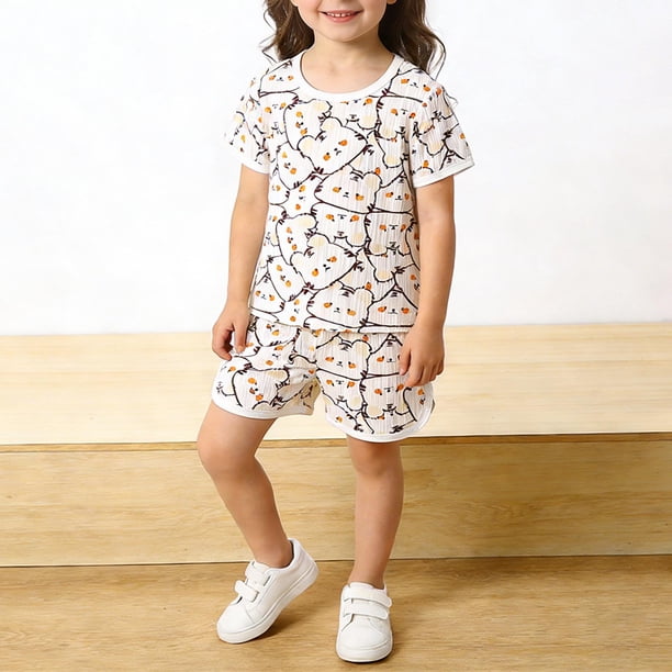 Conjuntos de blusas y camisas de manga corta y cuello redondo para niños y niñas, moda informal, manga corta, cuello redondo, pantalones cortos estampados con botones, vestido de poliéster para niños