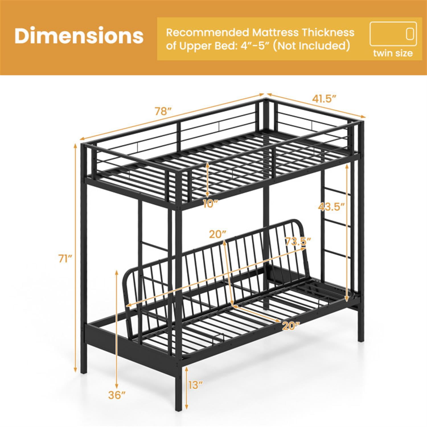 Demi Bonn Twin Over Futon Bunk Bed with 2 Ladders and Safety Guardrails, Metal Bunkbeds for Bedroom, No Box Spring Needed, Black